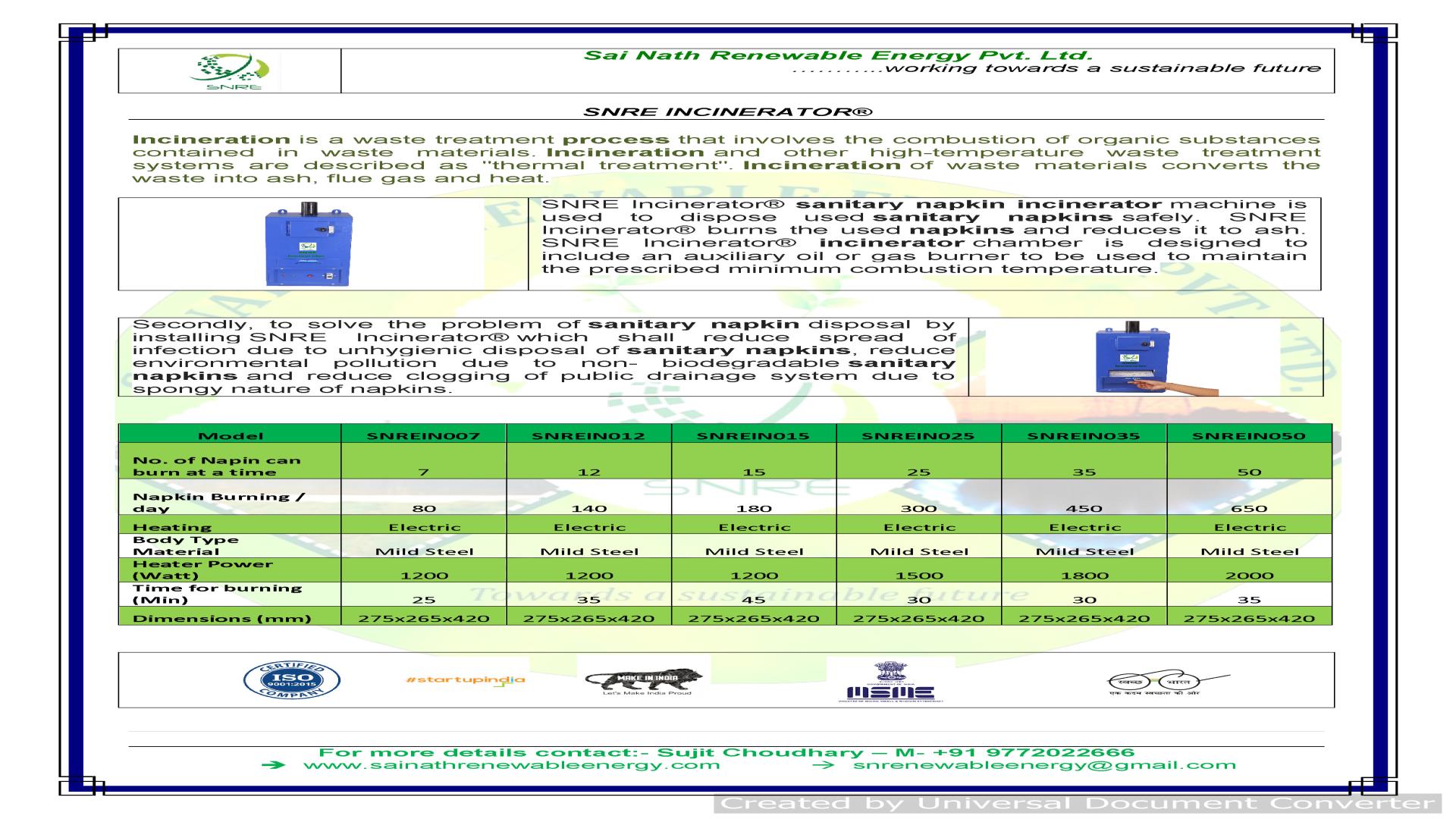 Sanitary Pad Incinerator